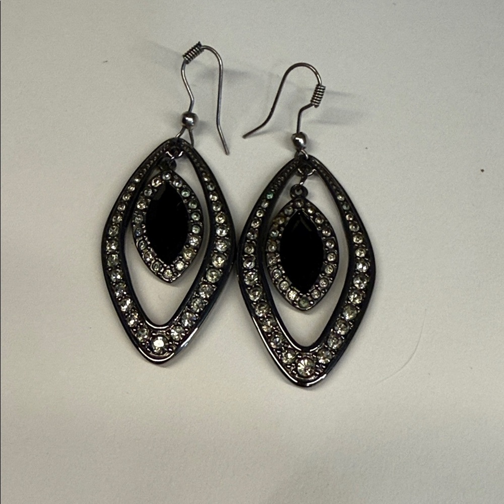 Black Rhinestone Teardrop Dangle Sparkly Earrings